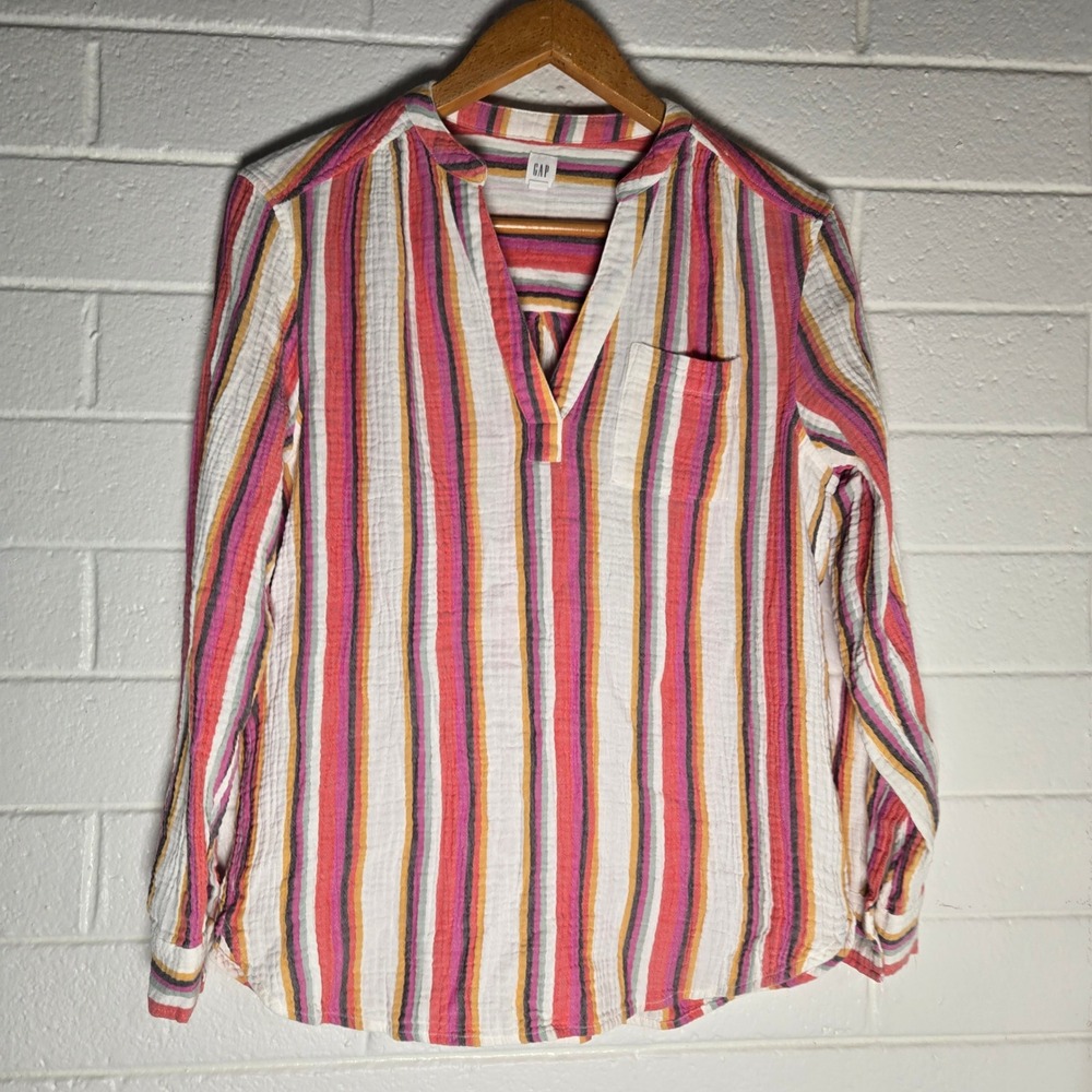 Gap Womens Top Gauzy Popover Multicolor Stripe Cotton Pullover Restort Boho M